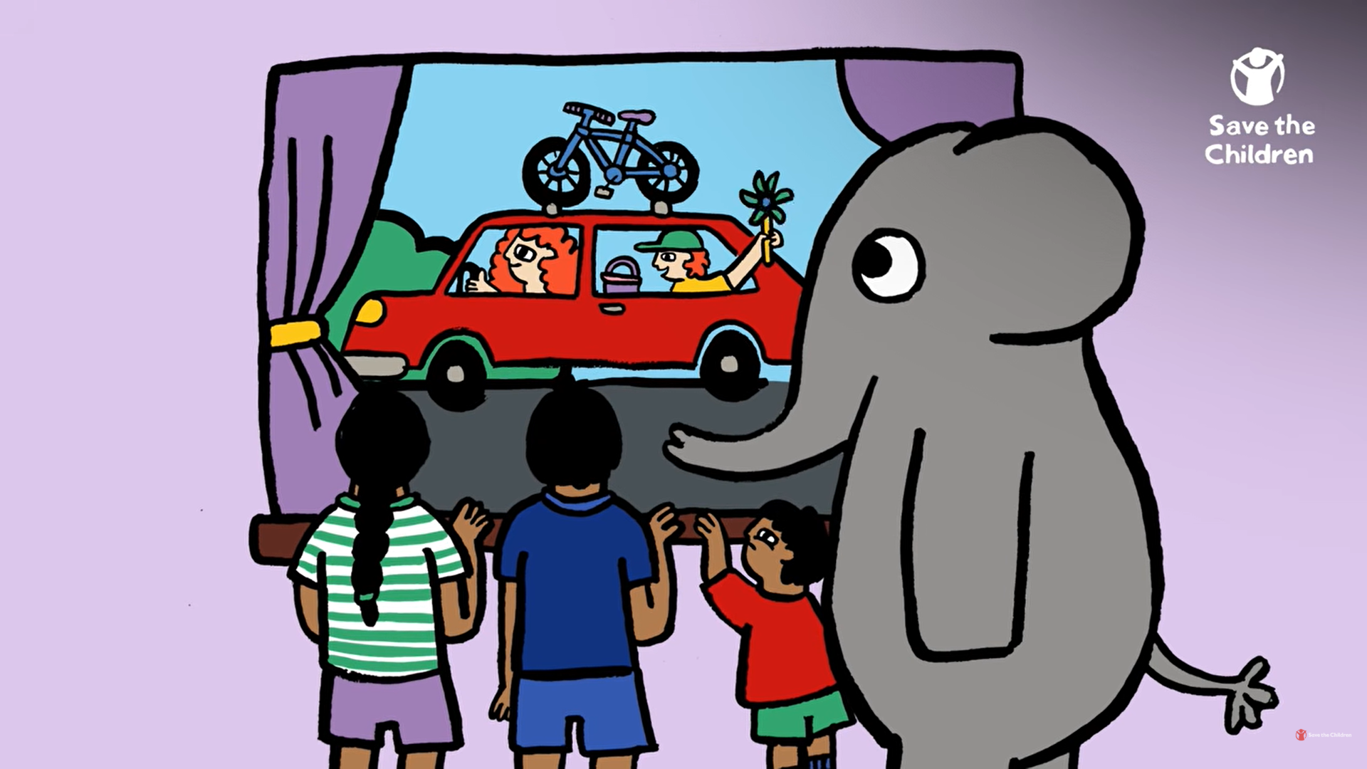 Children and an elephant character watch a red car through a window in a Save the Children animation.