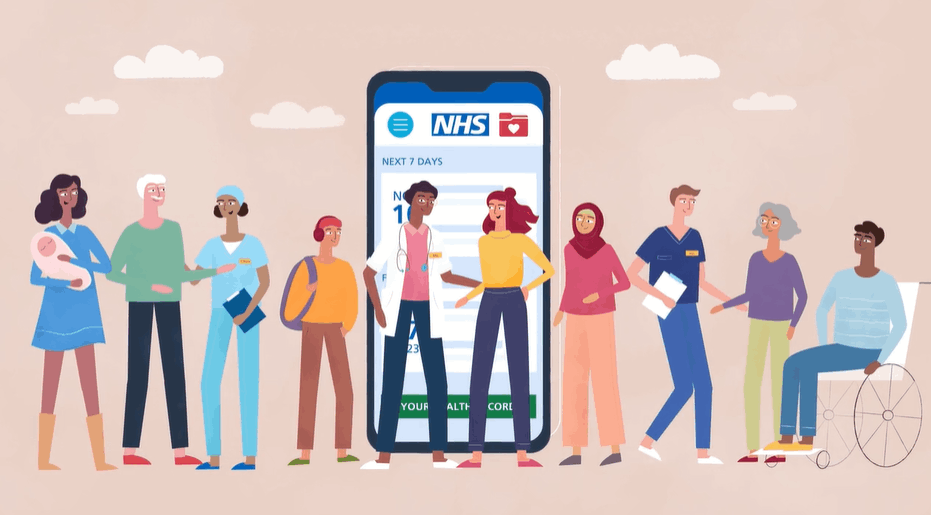 Diverse people standing around a smartphone showing the NHS app interface.