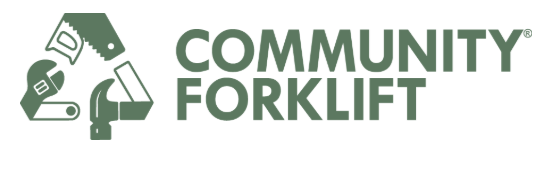 Community Forklift logo with green text and icons representing tools and recycled materials.