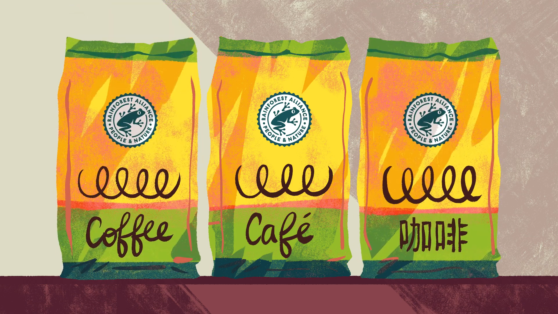 Three Rainforest Alliance coffee bags labeled in different languages.