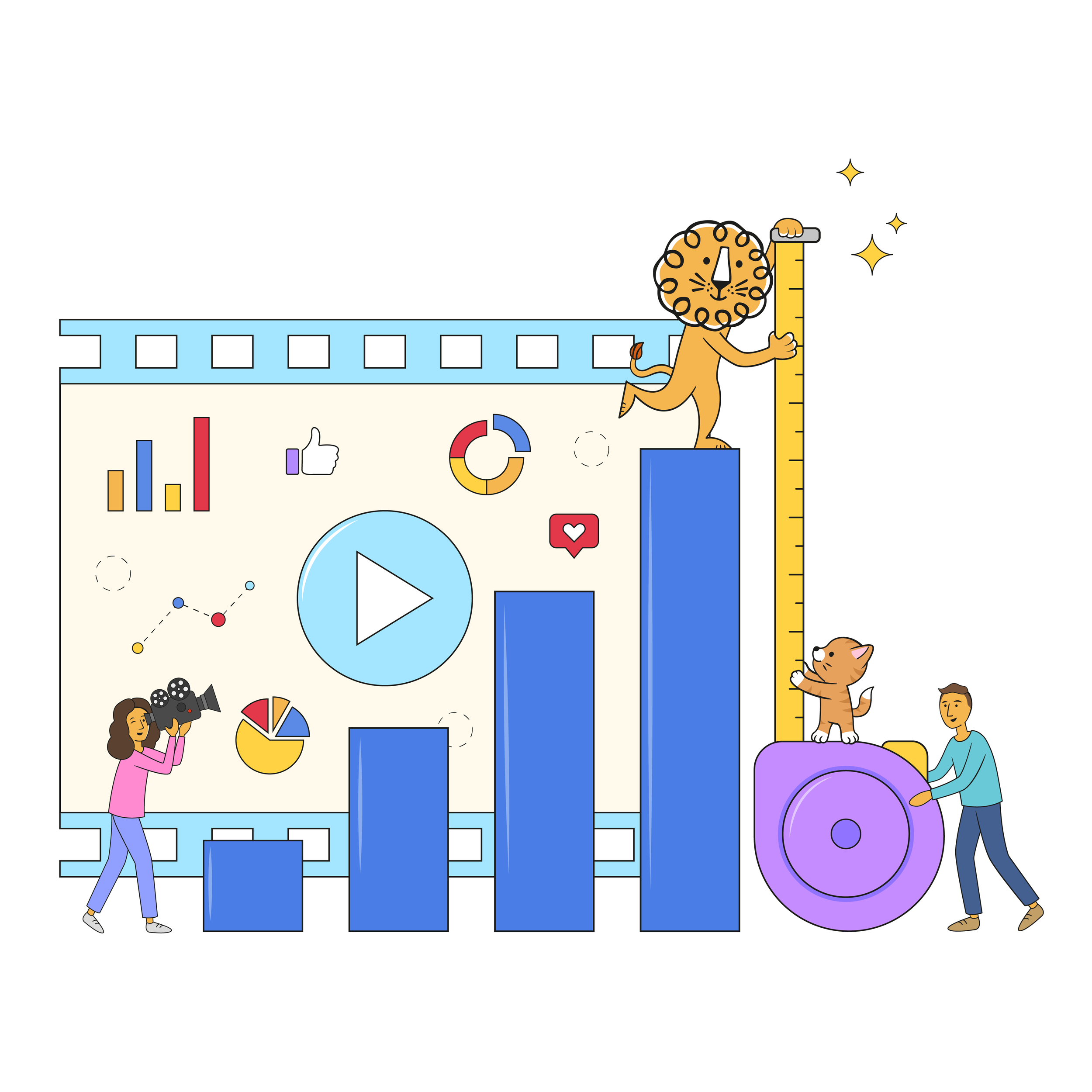 Bar chart showing growth with people interacting and Leon climbing a tall bar, representing performance and progress.