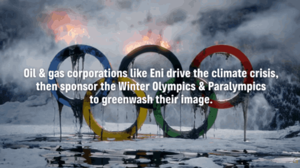 Oil-covered Olympic rings burning in polluted snowy landscape with climate protest message
