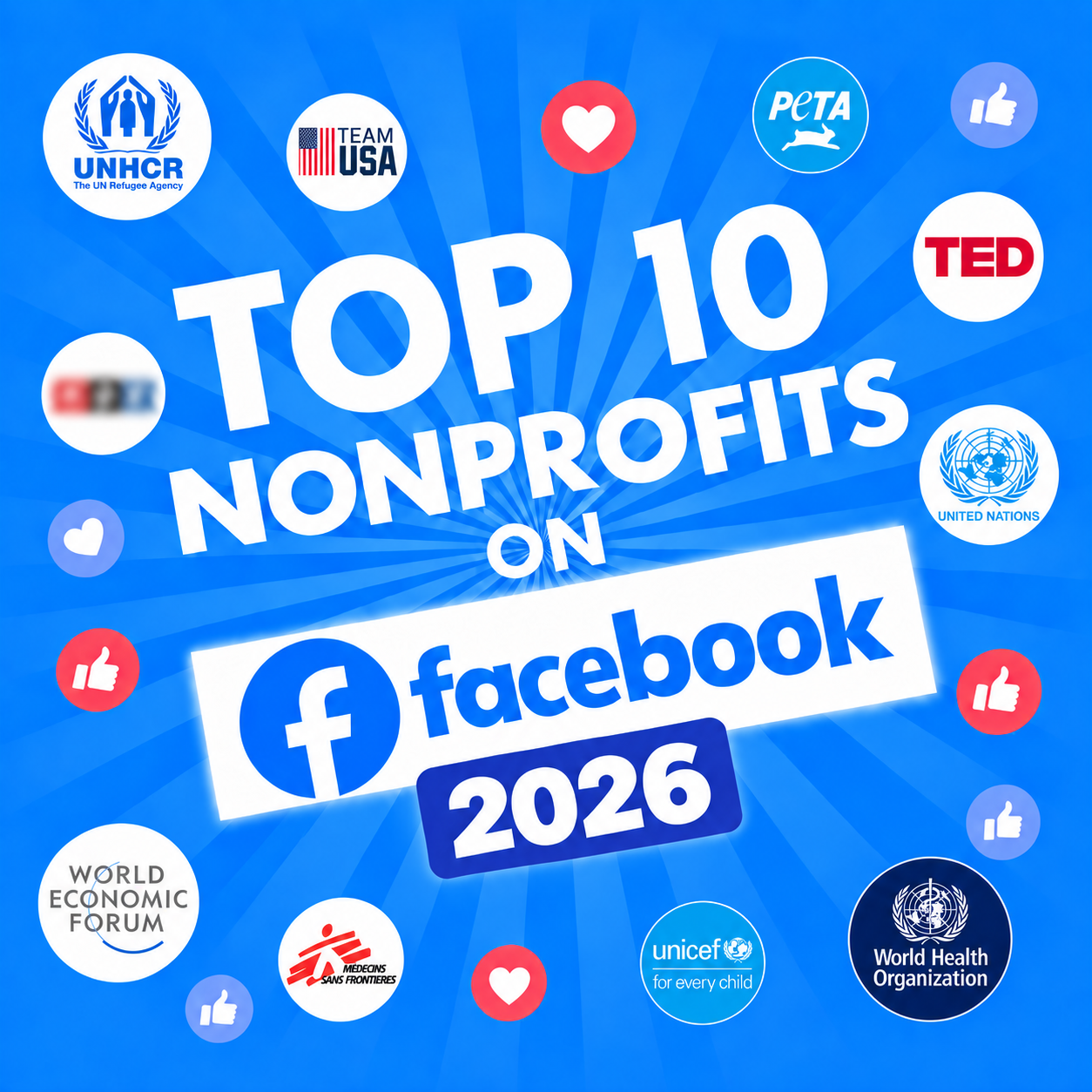 Top 10 nonprofits on Facebook in 2026 with nonprofit logos on a blue background.
