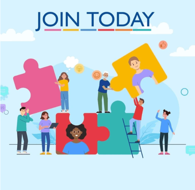 People assembling colorful puzzle pieces under “Join Today” headline.
