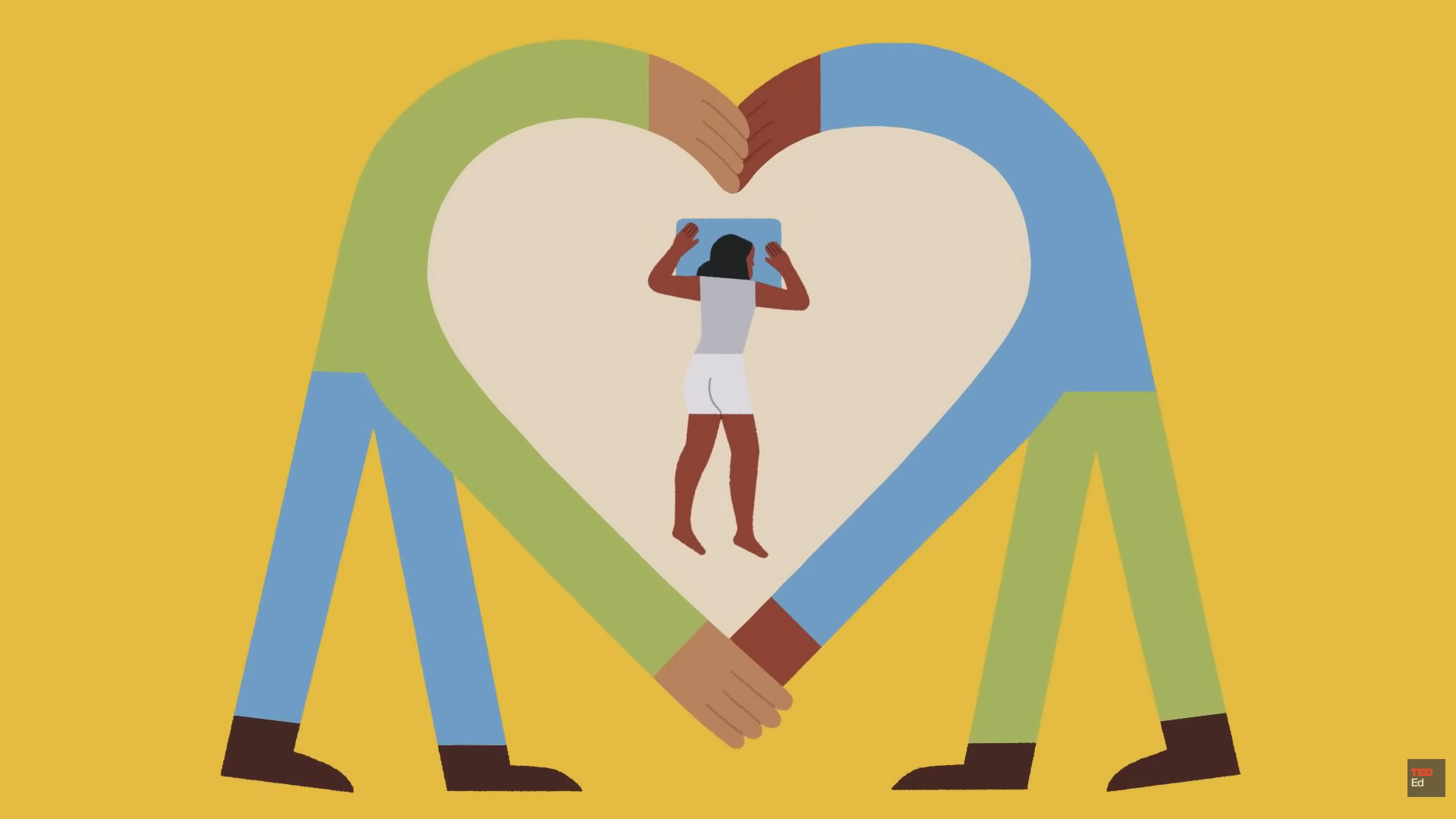 Two figures form a heart shape with their bodies, enveloping a sleeping person inside.