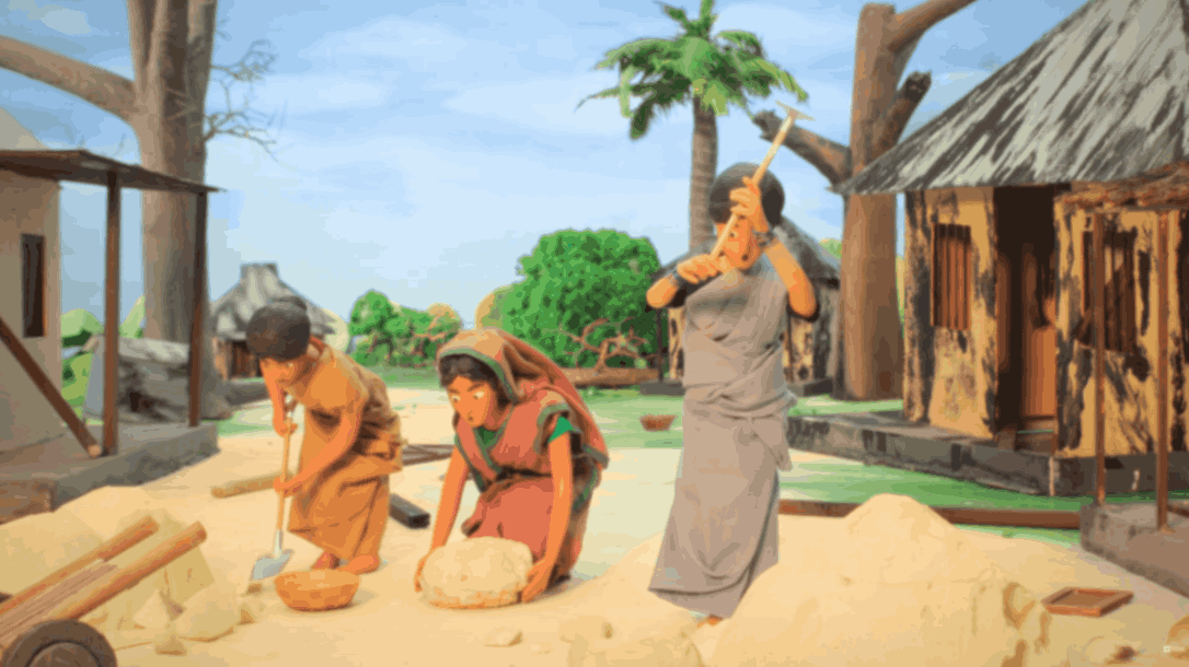 Villagers shovel sand and carry materials while rebuilding homes in a rural community.