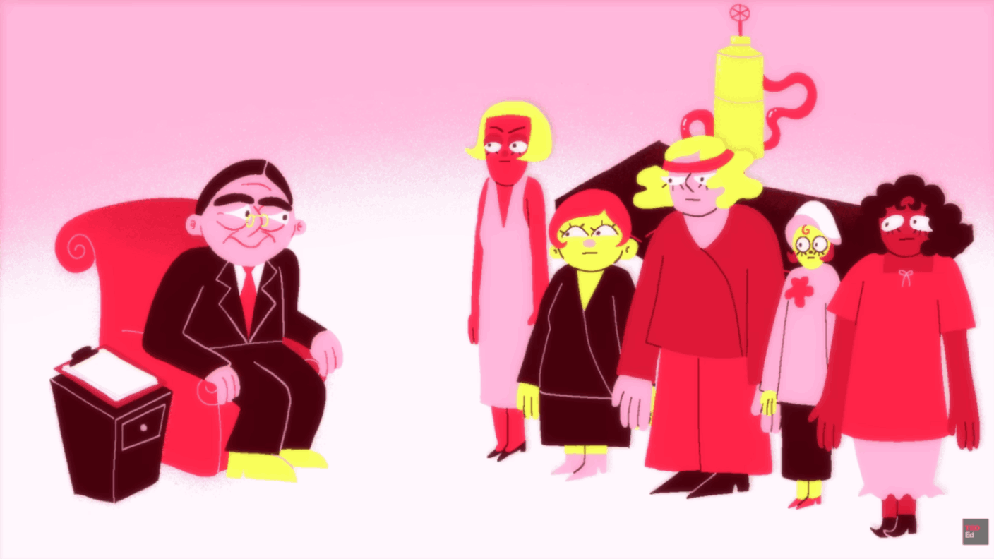 Group of cartoon characters standing around a seated physician in surreal illustration