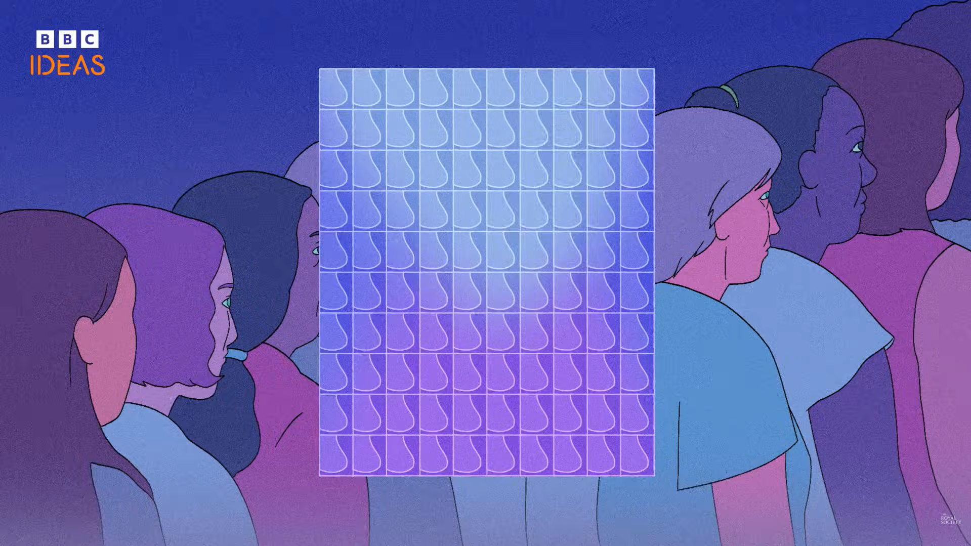 Group of people stand together as patterned square highlights data analysis.