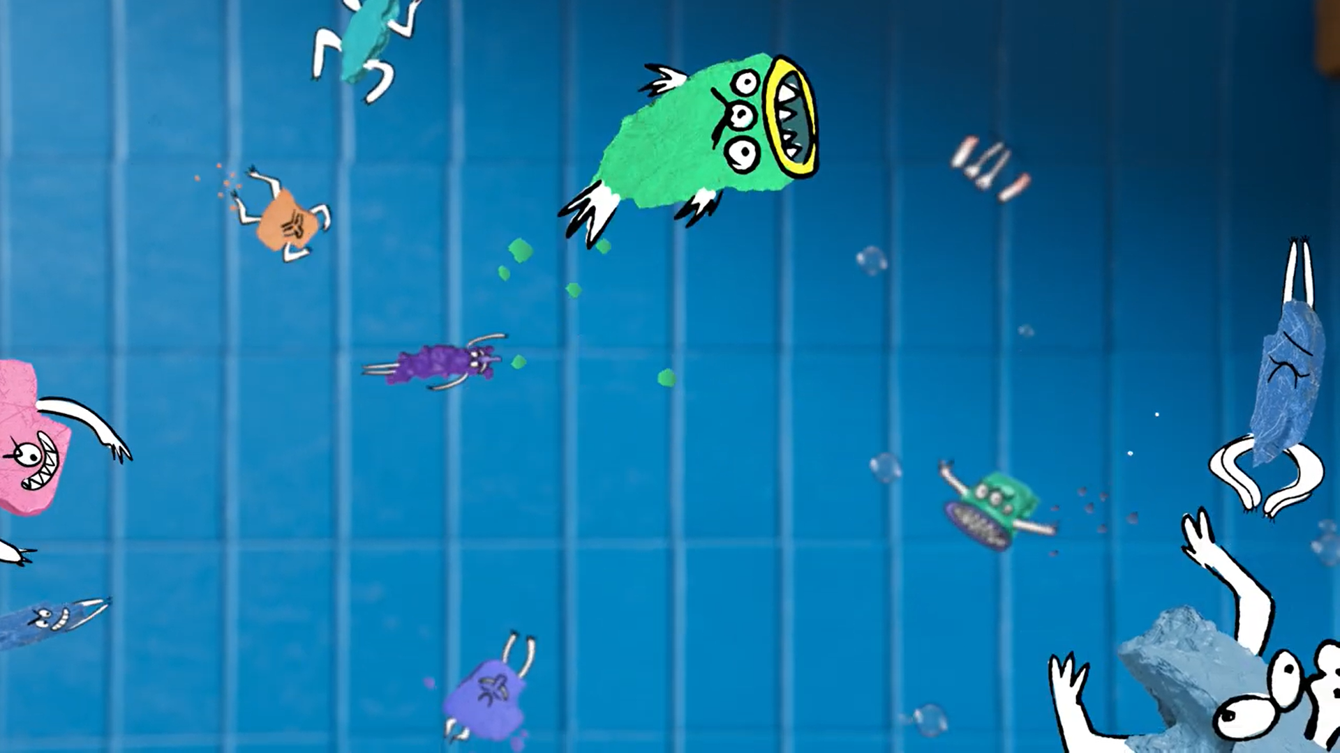 Colourful animated microplastic monsters float against a blue background.