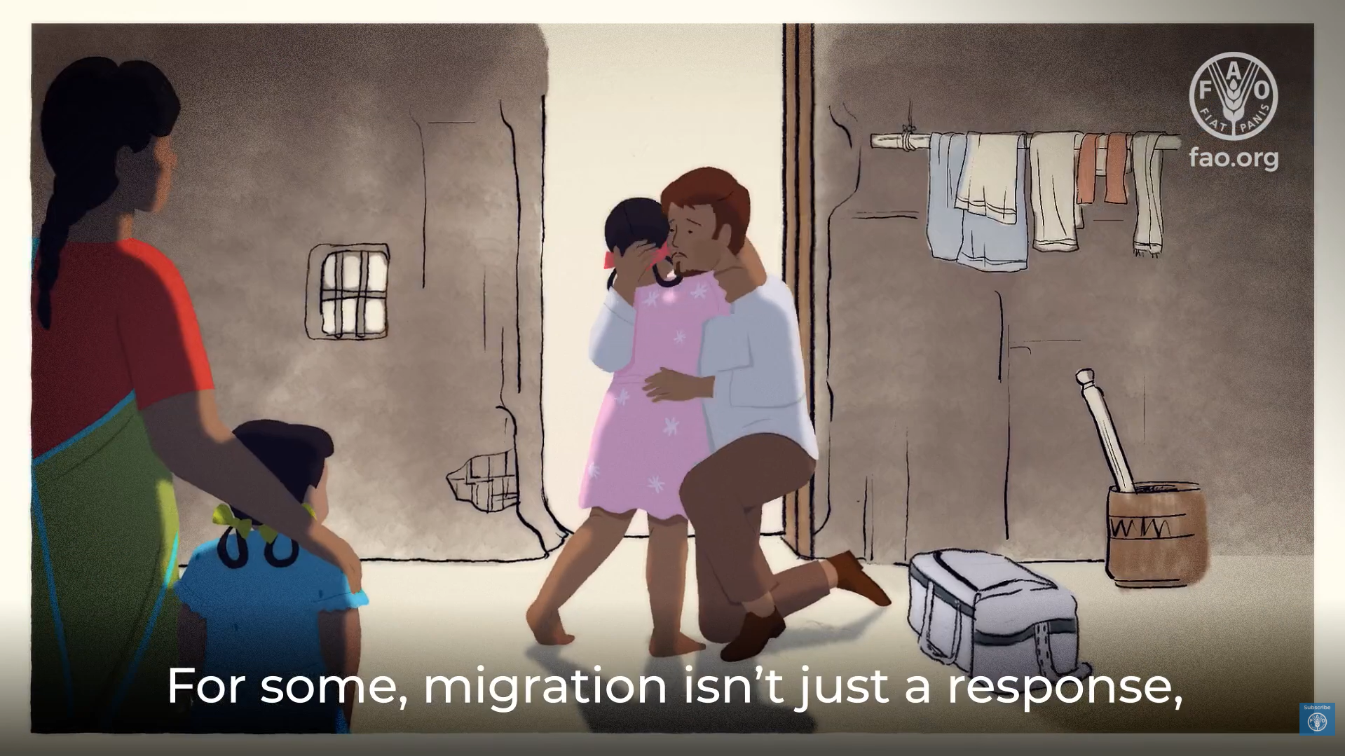 Parent carries a child while leaving home, preparing for migration.