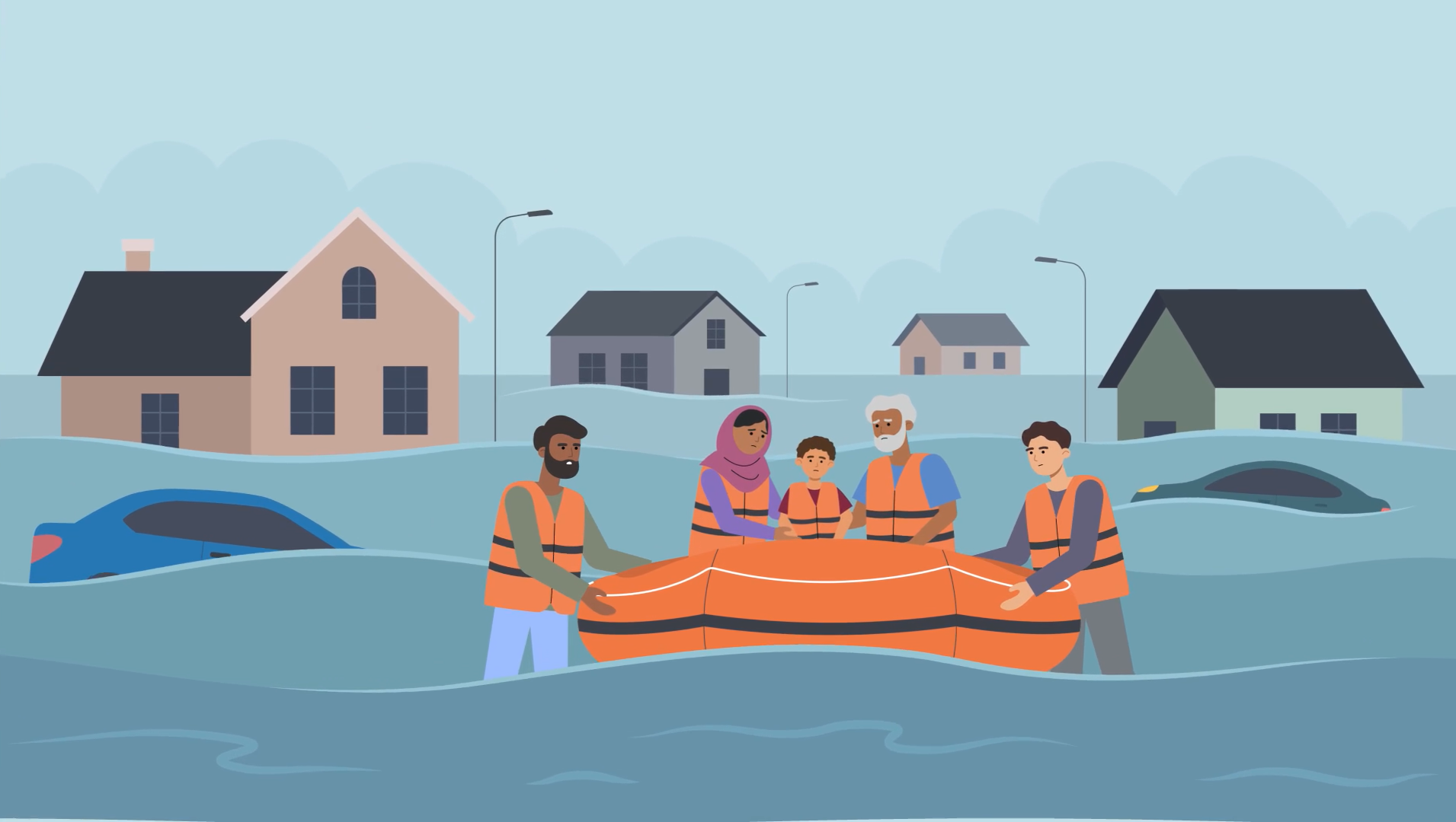 Rescue workers help family evacuate flooded neighborhood by boat.