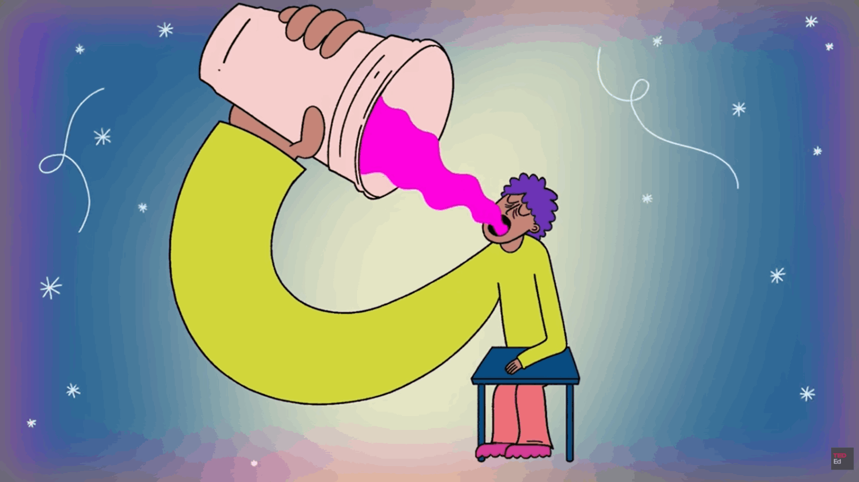 Person drinks bright liquid poured from an oversized cup while sitting at desk.