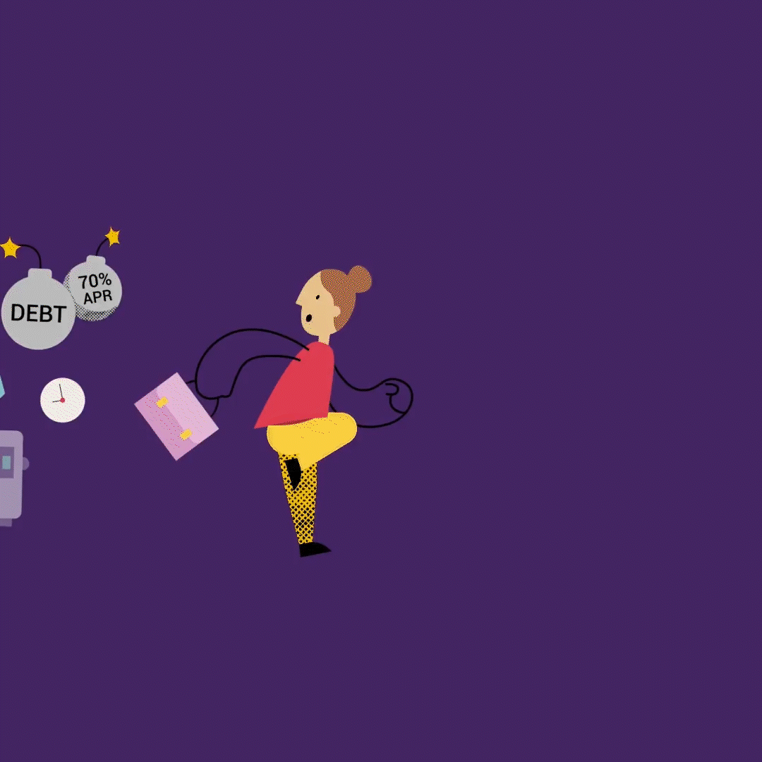 Illustration of a person running while chased by symbols of debt including credit cards, bills, interest rates, and financial stress icons.