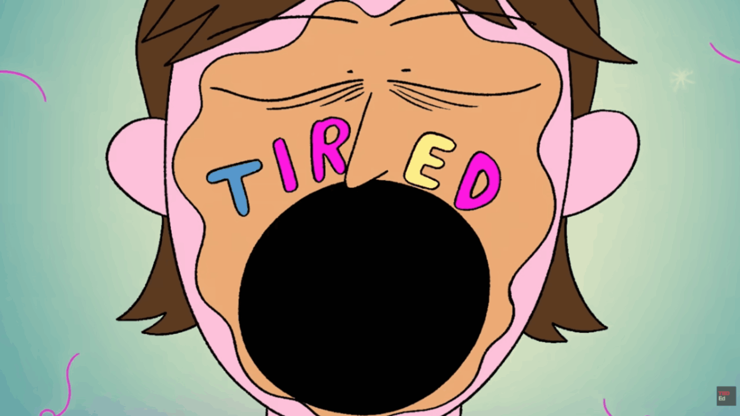 Yawning face with the word “TIRED” stretched across closed eyes.