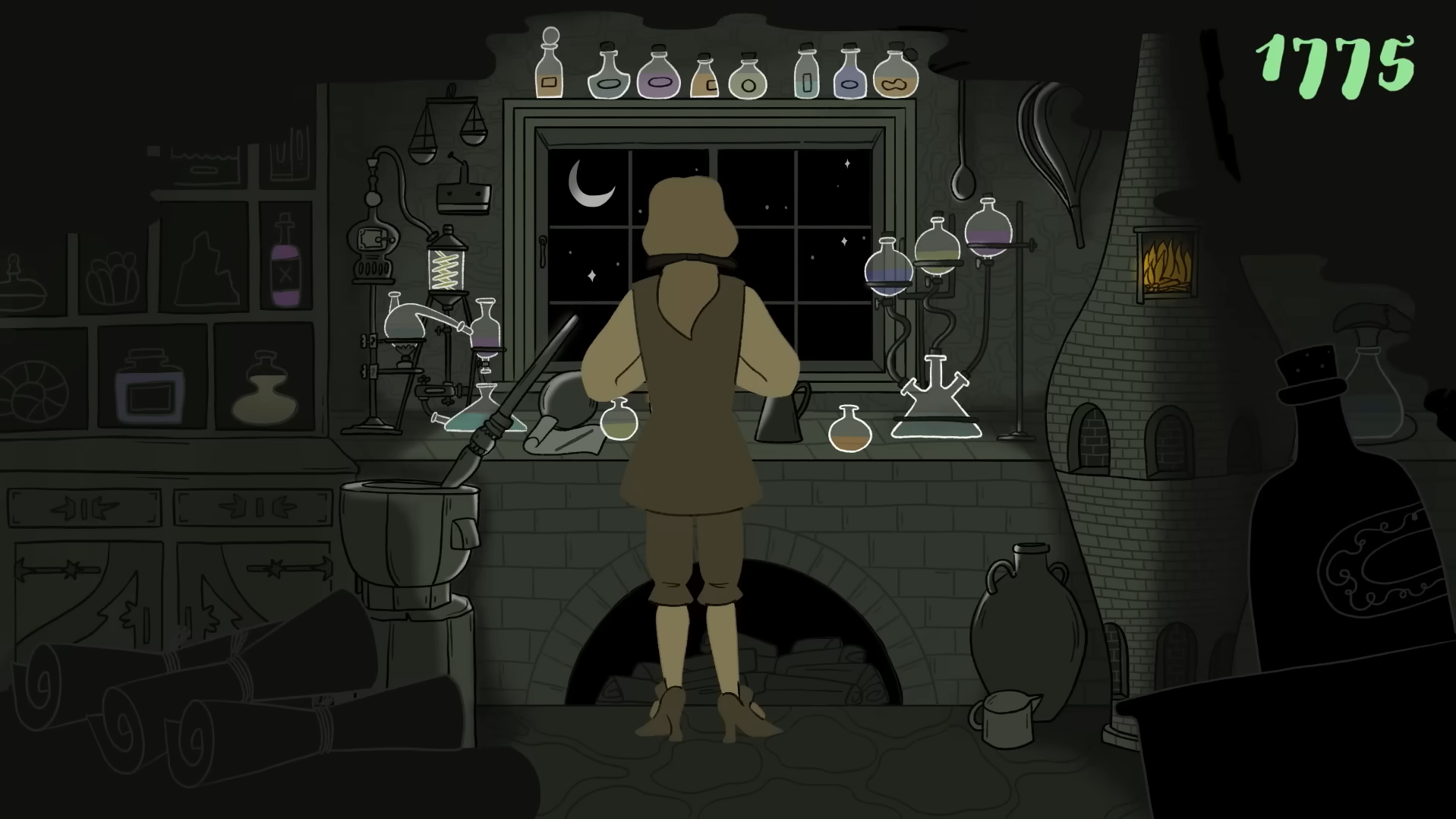 Historical laboratory scene shows scientist surrounded by chemical vessels, furnace, equipment, and experiments.