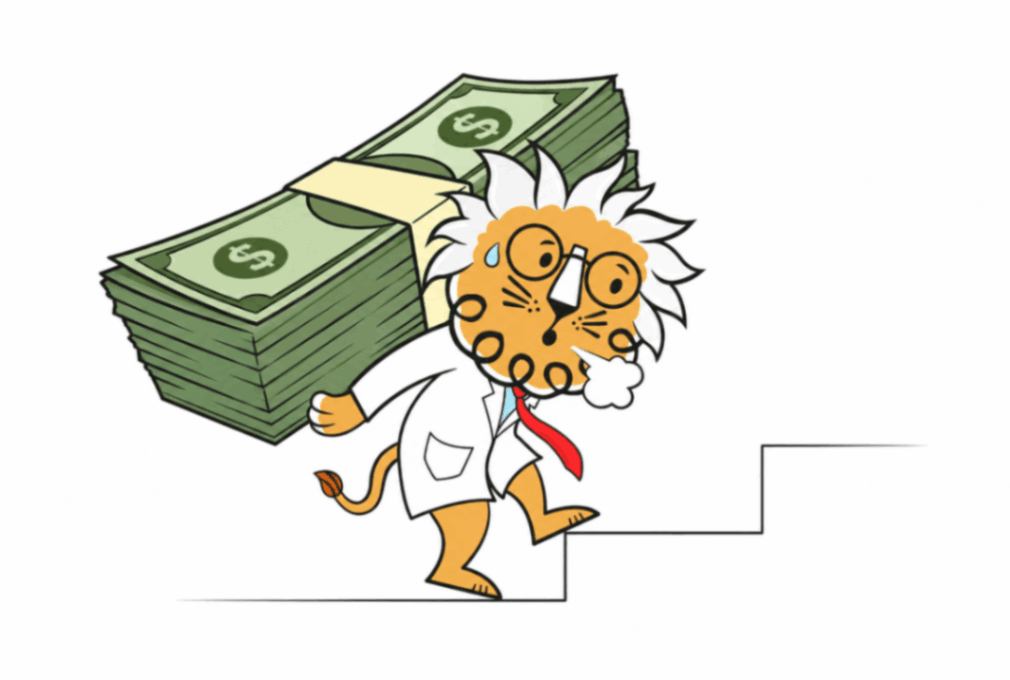 Leon! Animations studio lion carrying cash upstairs exhausted