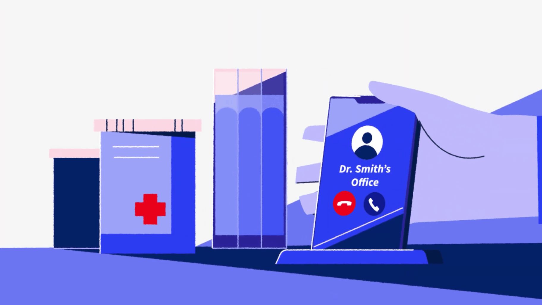 Smartphone displaying incoming call from Dr Smith's office beside medicine bottles