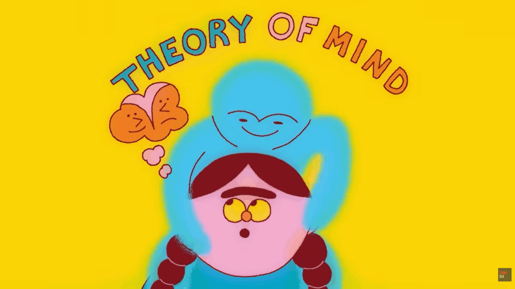 Child imagining blue character behind her head