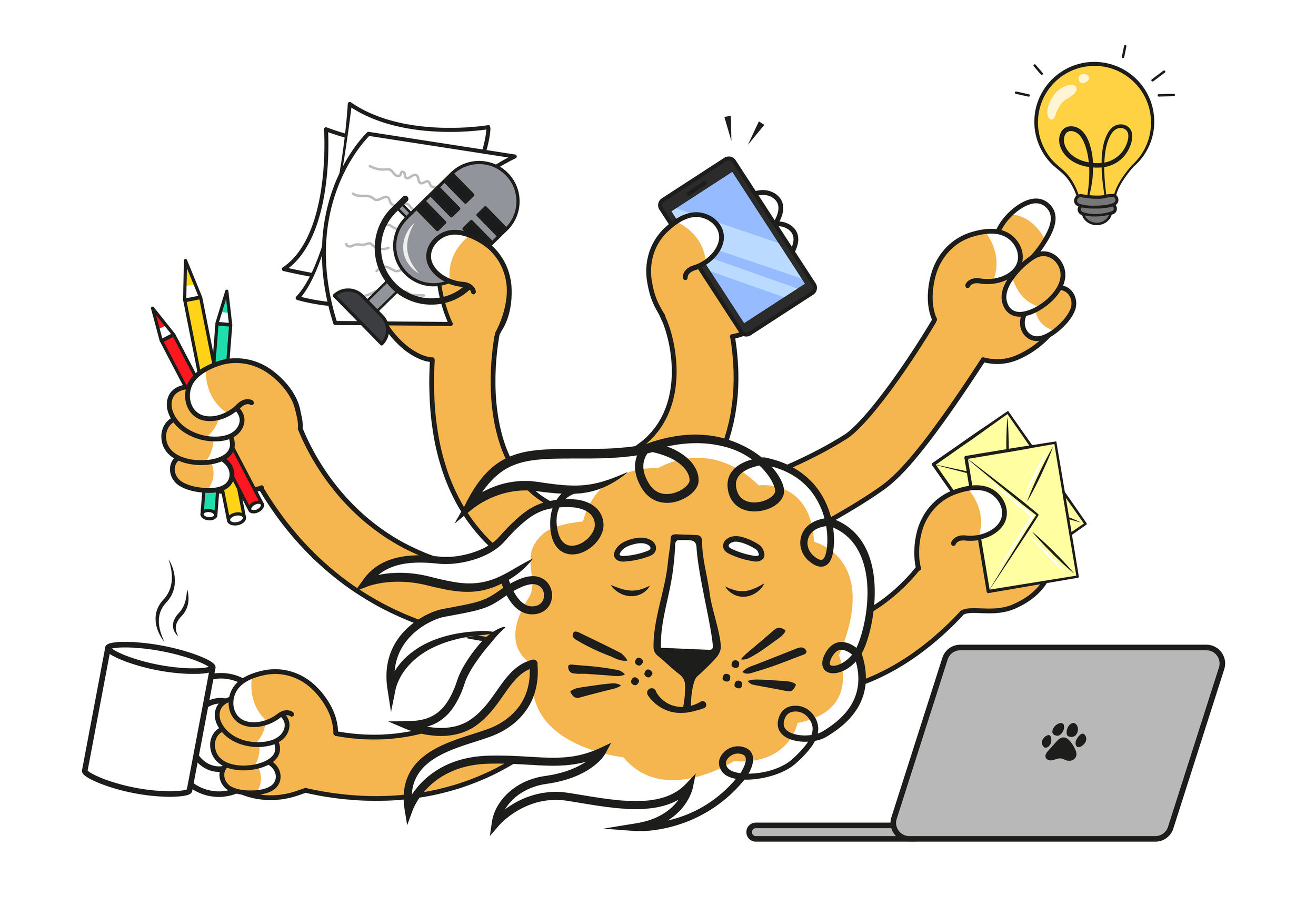 Leon the lion multitasking with several arms holding creative tools including pencils, a phone, a microphone, papers, and a lightbulb beside a laptop.