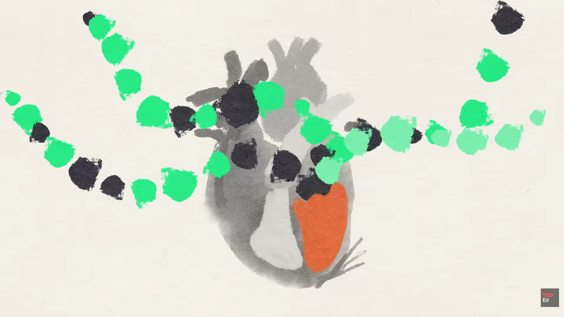 Abstract anatomical heart surrounded by green and dark painted dots on textured background.