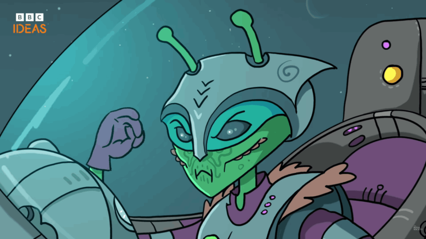 Green alien pilots a spaceship cockpit with glowing controls and antennae.