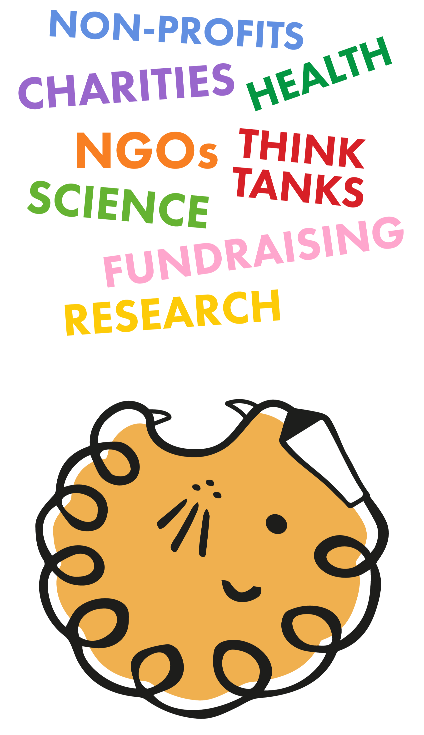 Words including nonprofits, charities, NGOs, science, health, think tanks, fundraising, and research above the Leon mascot representing animation audiences.