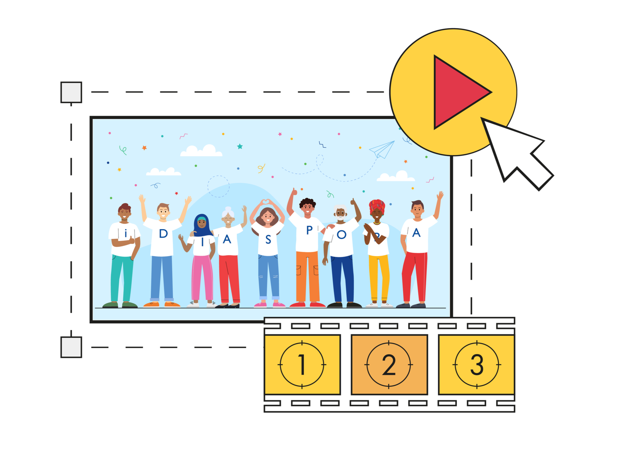 Video editor preview shows diverse characters spelling “DIASPORA” with play button icon.
