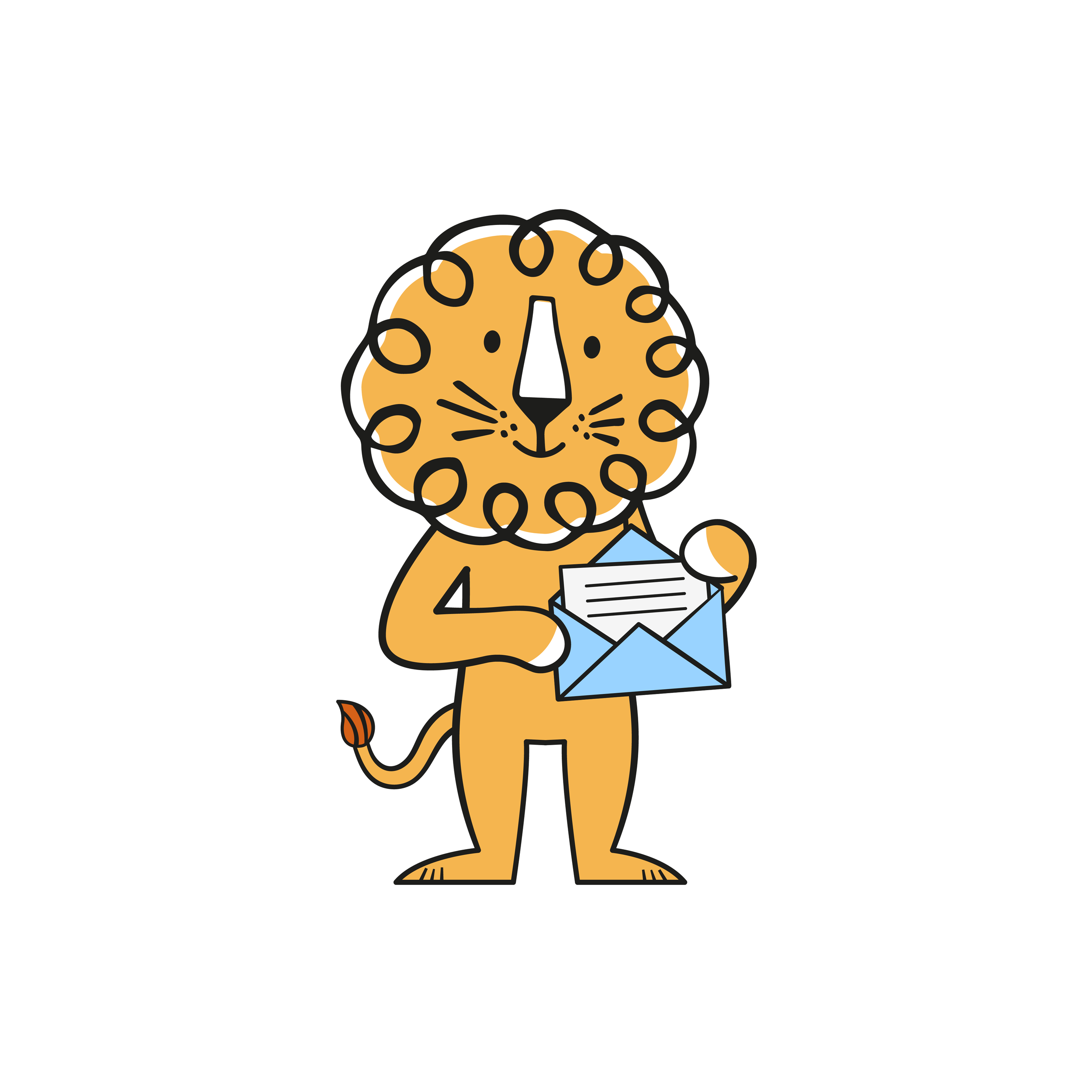 Leon the lion holding an open envelope with a letter, symbolising communication or outreach.