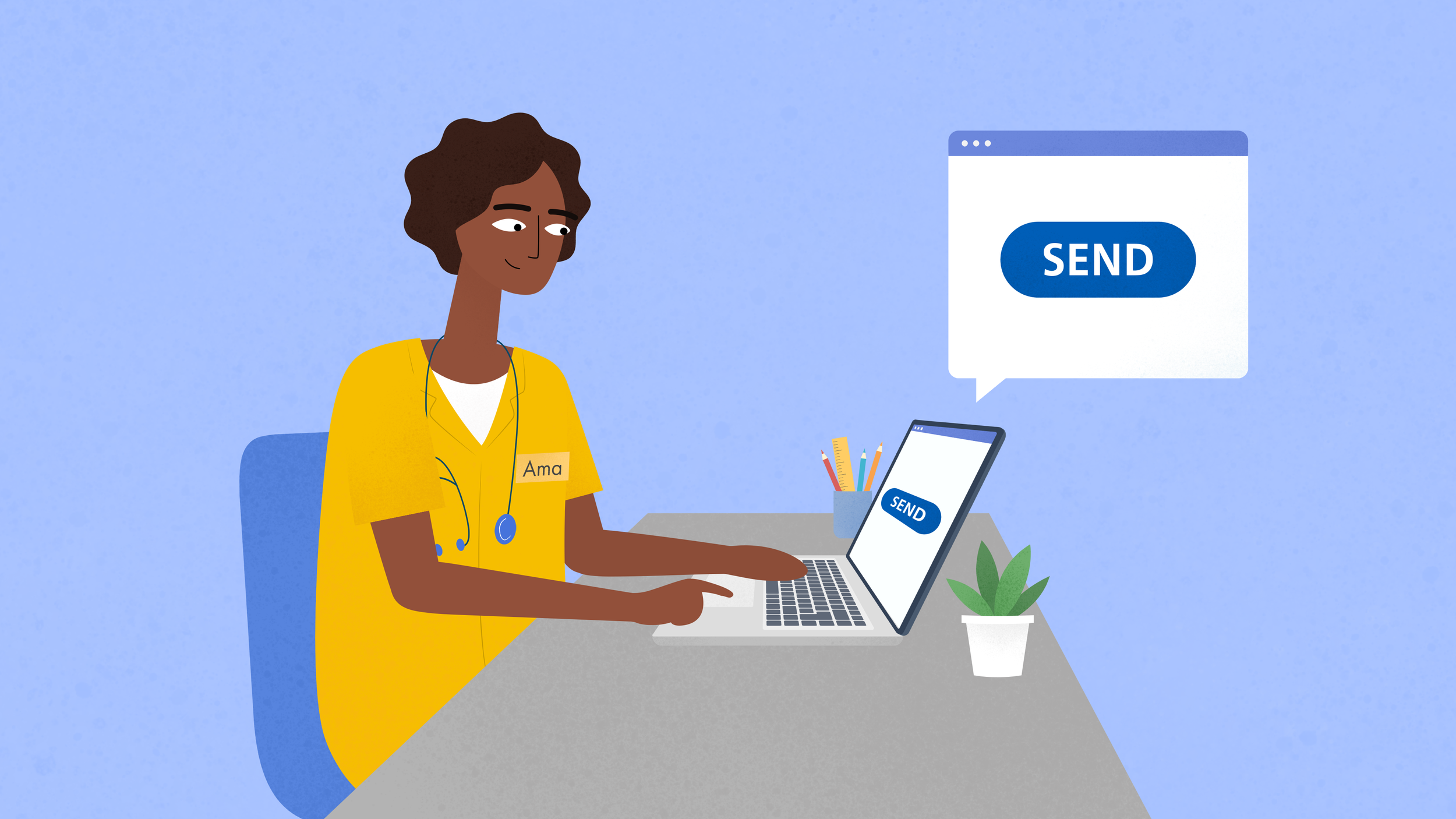 Healthcare worker uses a laptop with a send button displayed on screen.