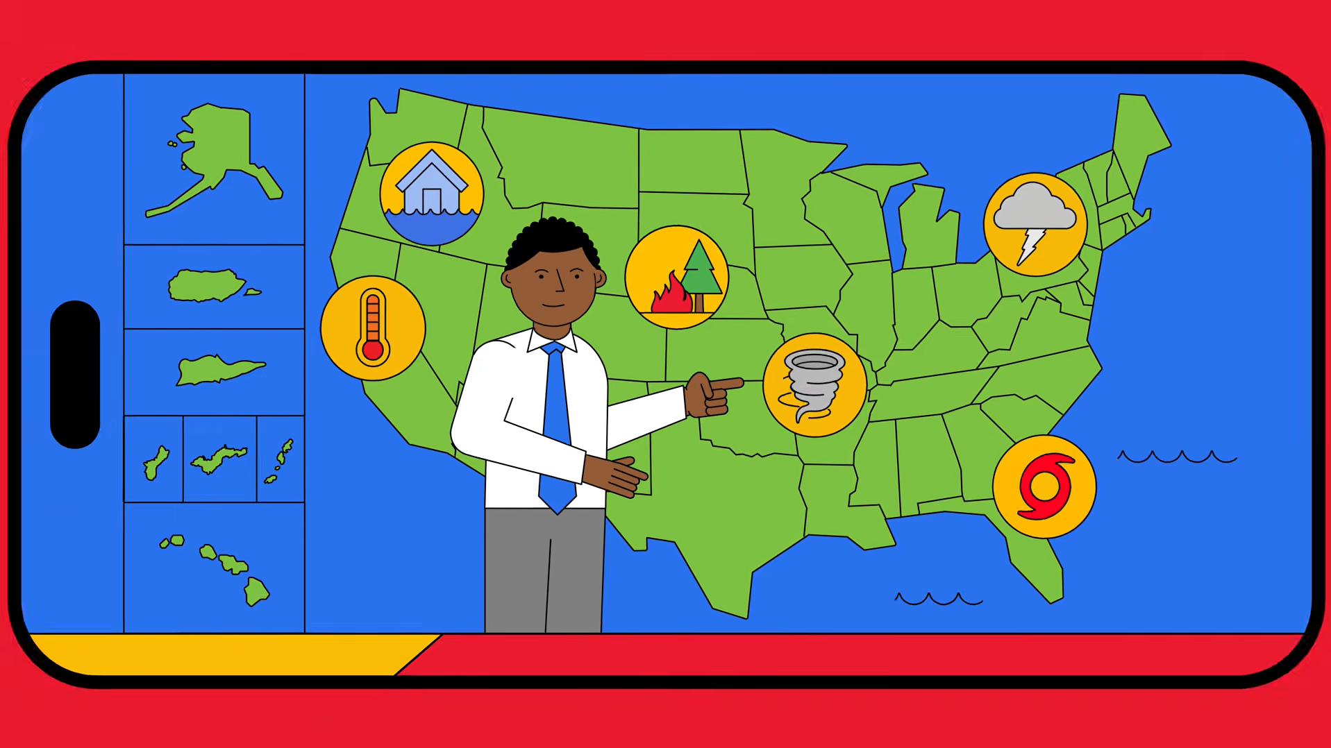 American Red Cross animation featuring a US map with symbols for hurricanes, wildfires, floods and tornadoes.