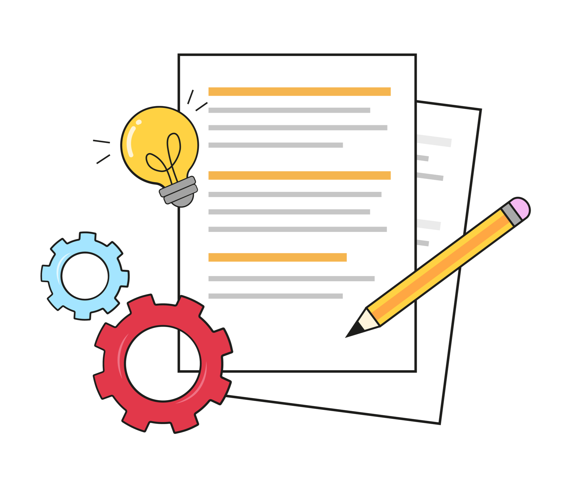 Documents with highlighted lines beside pencil, gears, and glowing lightbulb.