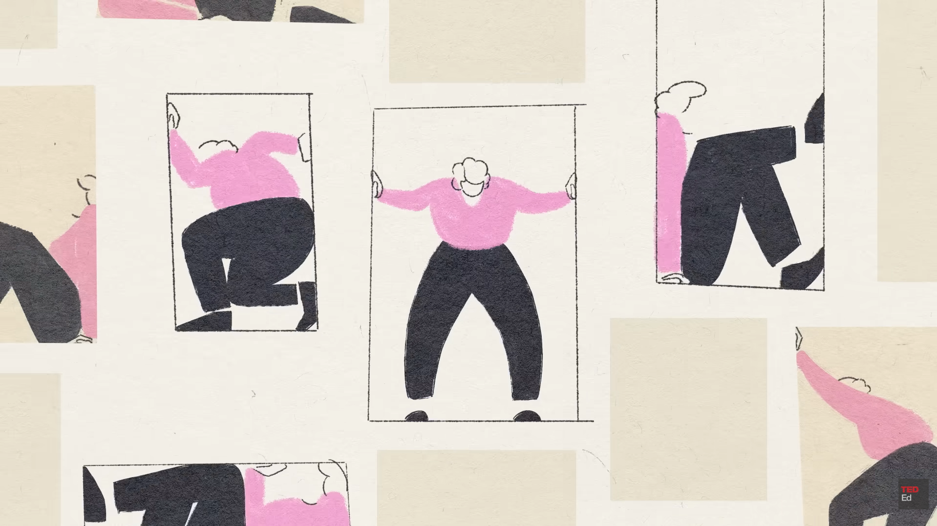 Abstract illustrated figure in pink appears repeatedly inside rectangular frames in different poses.