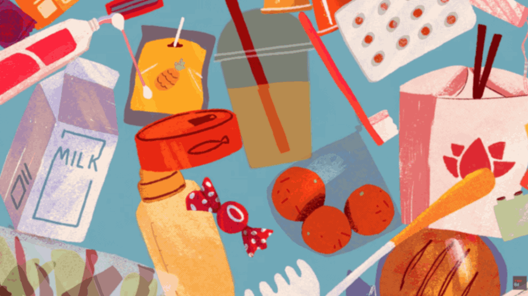 Illustration of sugary drinks, packaged snacks, candy, milk, and fried food floating against a blue background.
