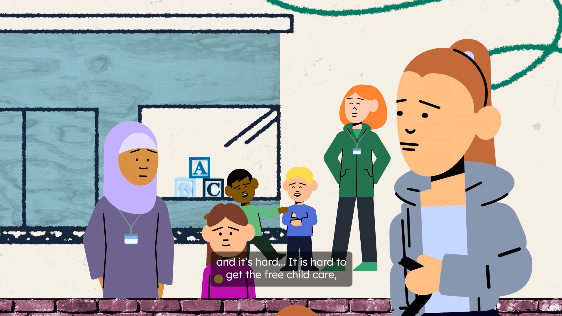Animated scene showing childcare workers, children and a concerned woman discussing difficulties accessing free childcare.