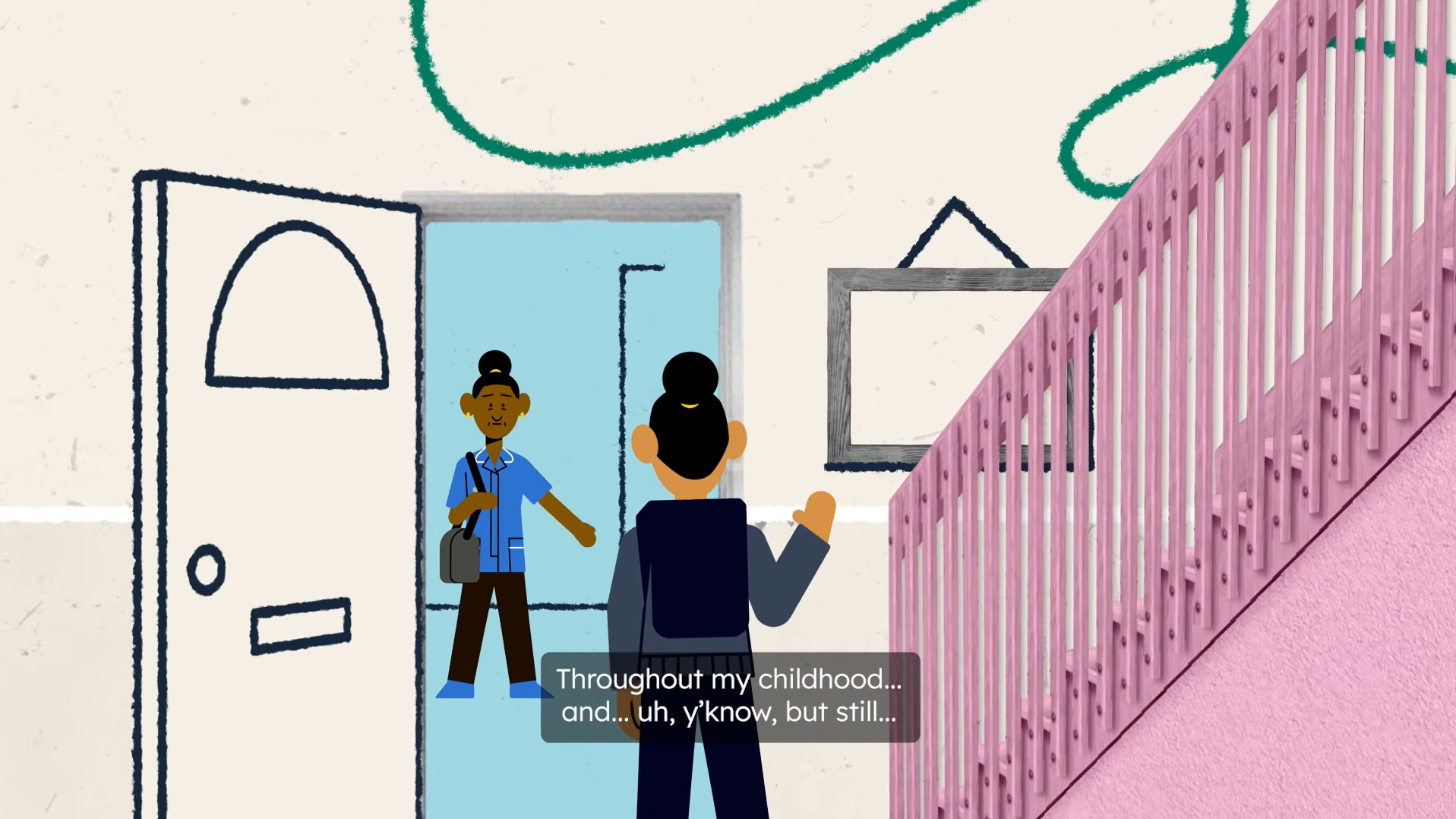 Animated child waving goodbye to her mother standing in a doorway beside a staircase.