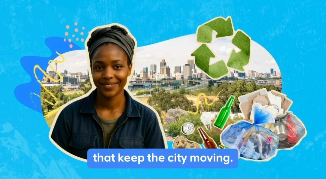 Woman stands in front of city collage with recycling symbols and waste items.