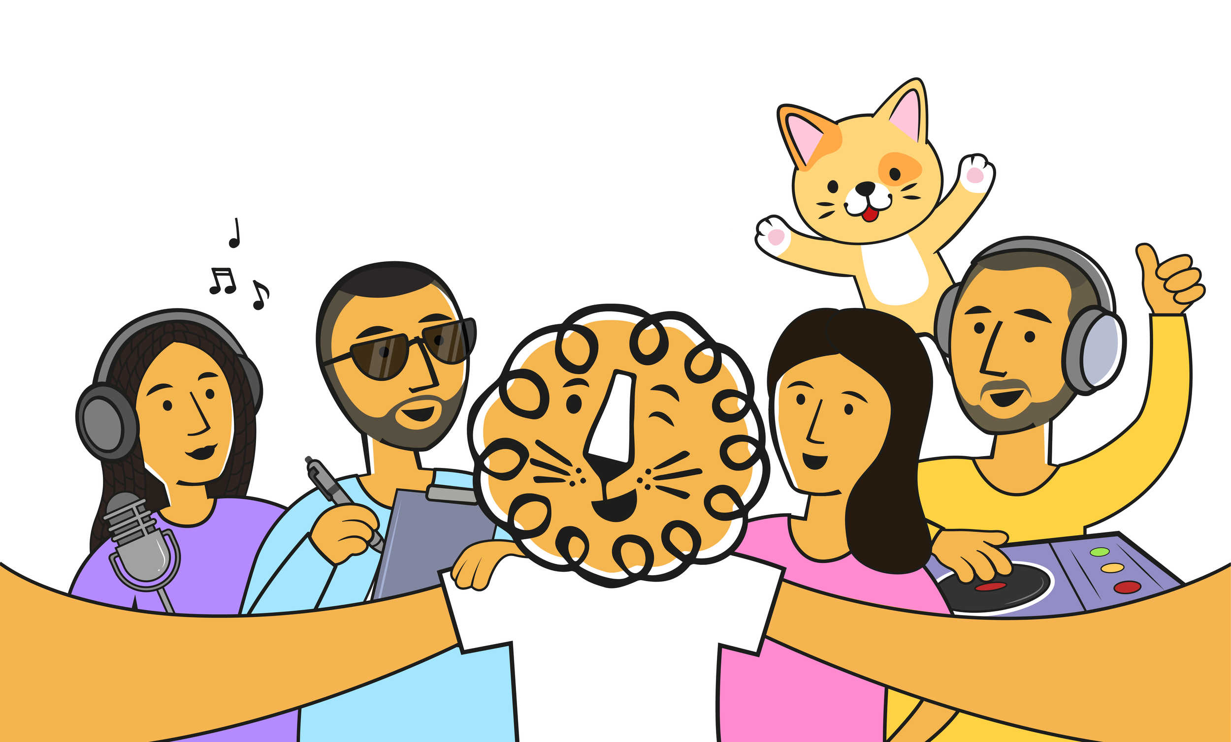 Leon the lion surrounded by a diverse creative team recording audio, writing, and mixing music with a cat jumping above them.