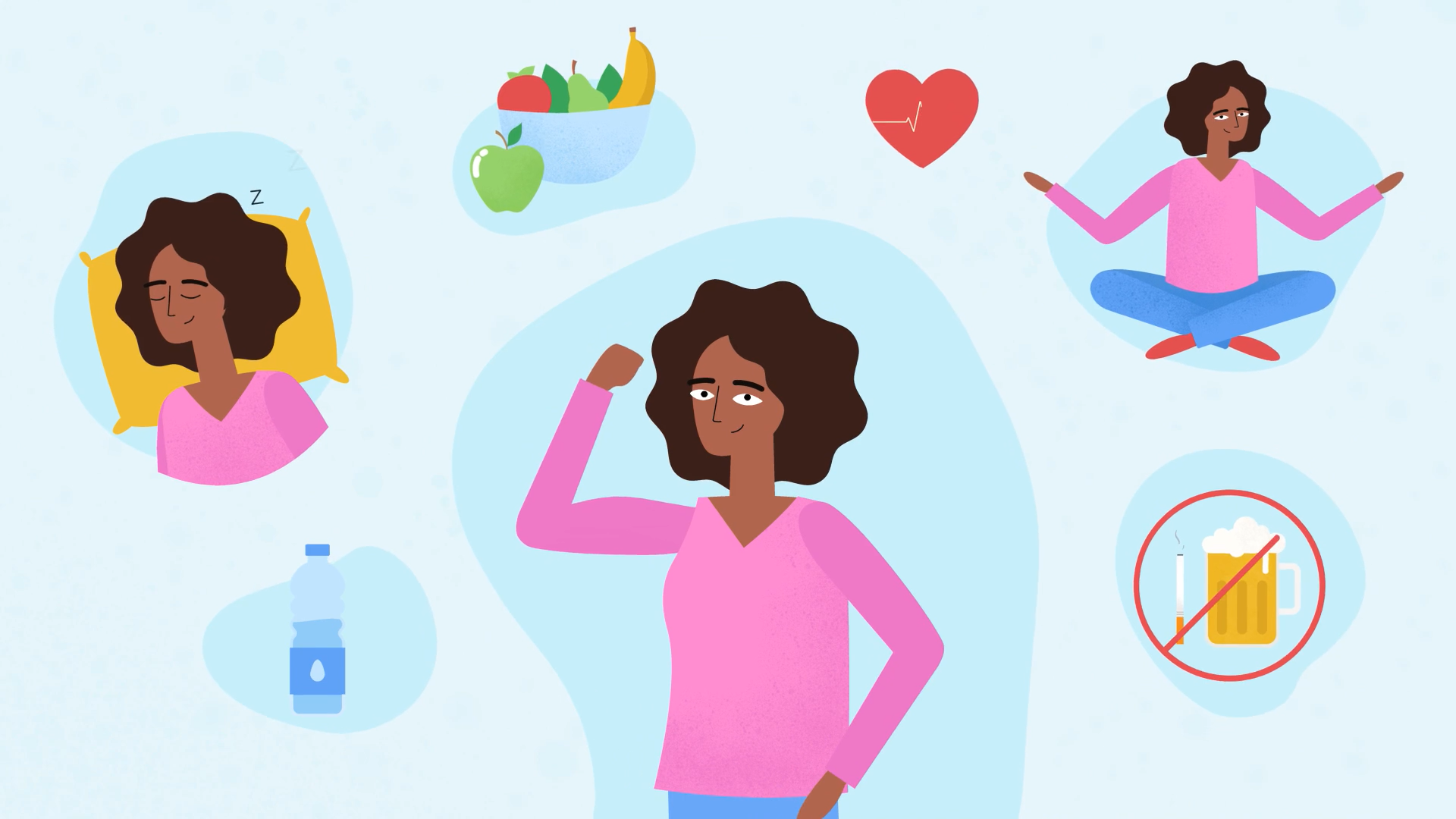 Woman demonstrates healthy lifestyle habits including sleep, nutrition, hydration, meditation and avoiding alcohol.