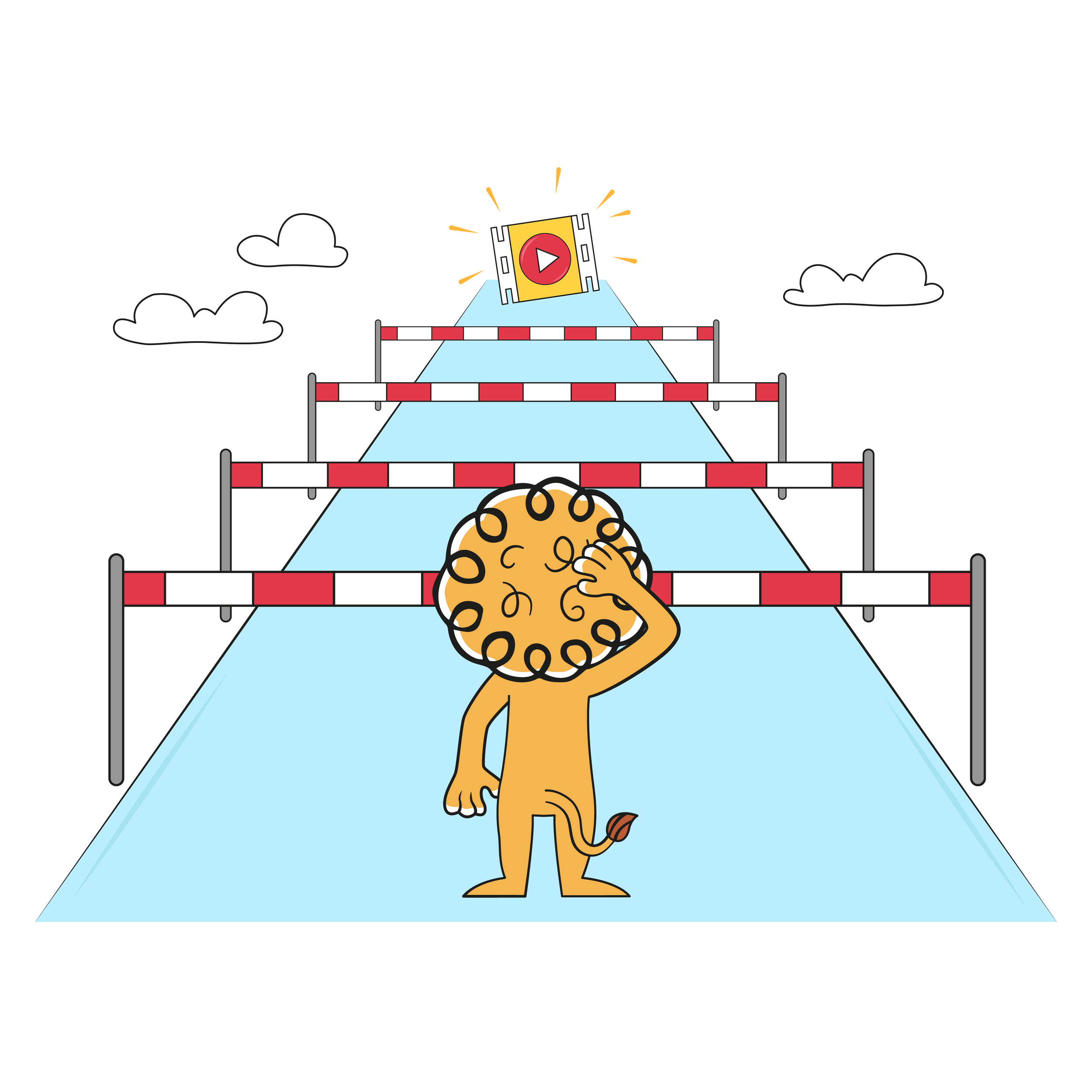 Leon the lion facing a series of hurdles leading toward a video play icon, representing challenges in reaching a goal.