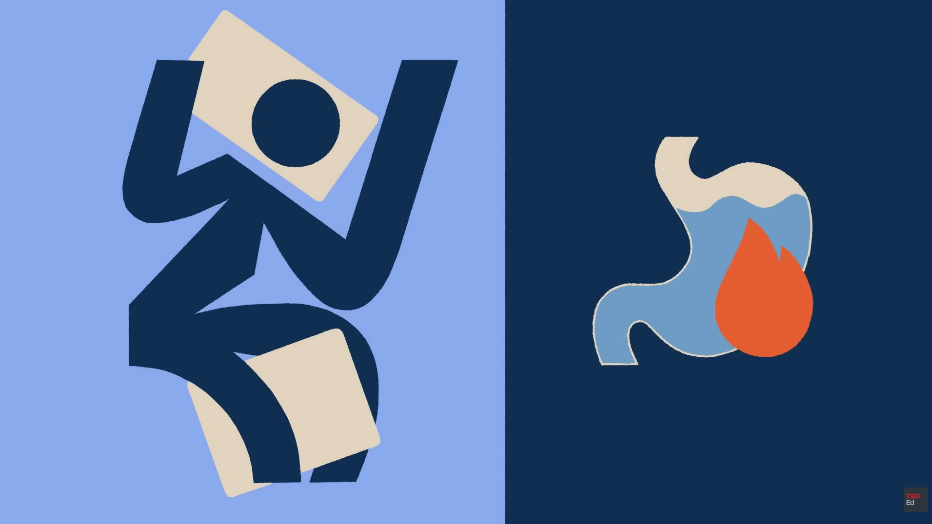 Abstract figure curls inward beside a stomach illustration showing discomfort.