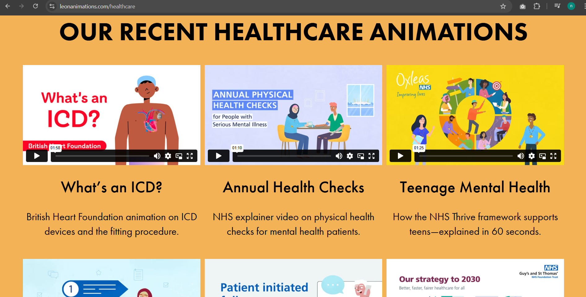 Website page showing healthcare animation projects including ICD explainer, annual health checks, and mental health awareness videos.