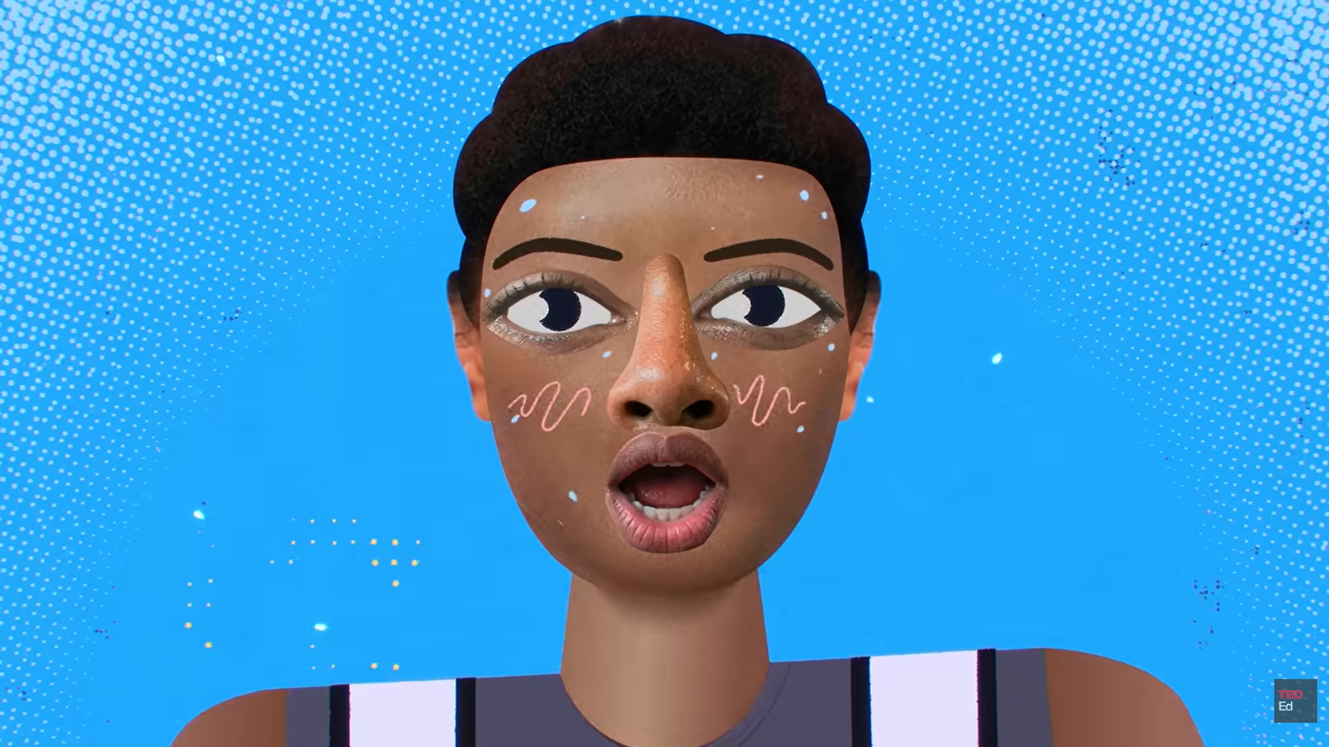 TED-Ed animated character looks surprised against a vibrant blue background with halftone graphic textures.