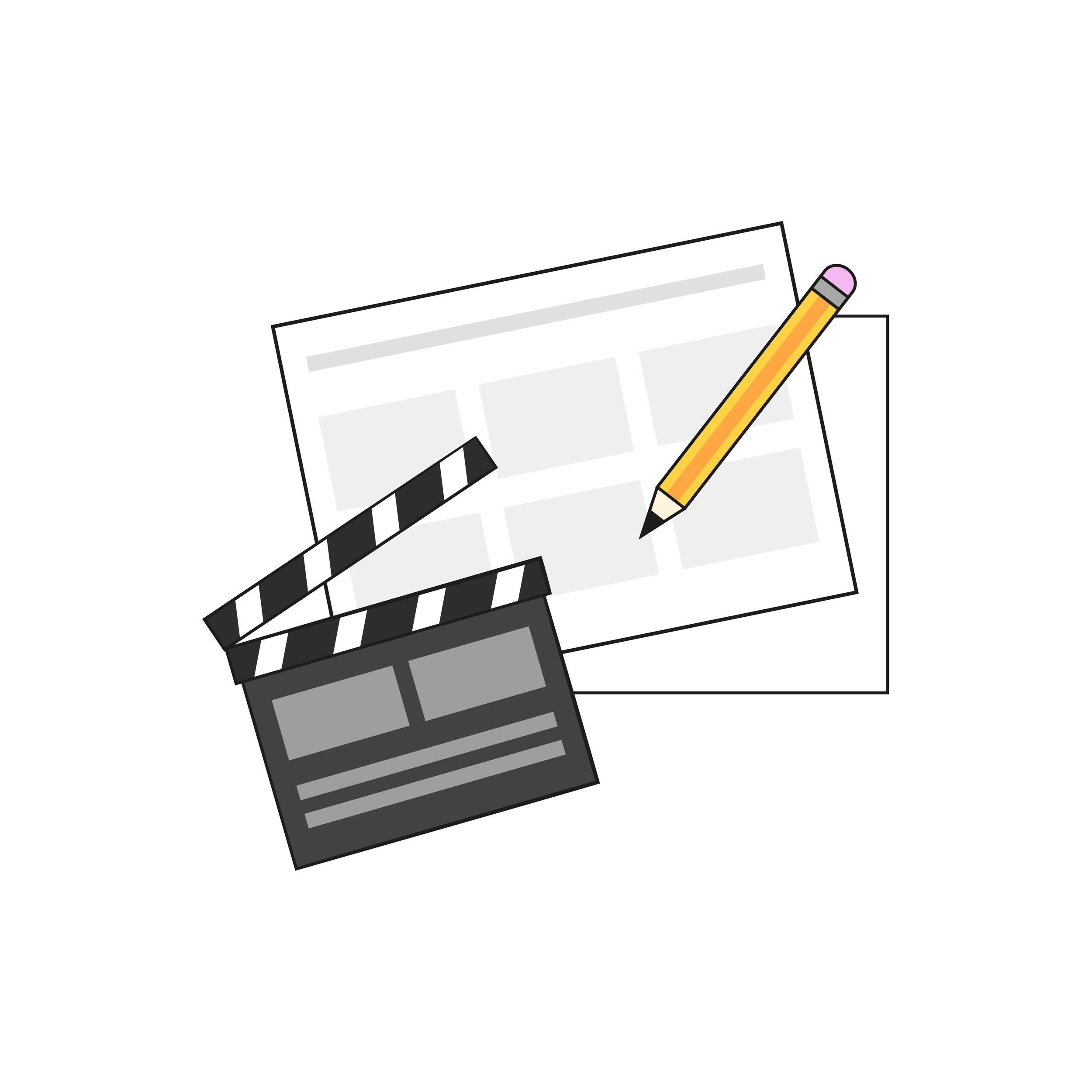 Animation script pages with a pencil and film clapperboard representing scriptwriting and video production planning.
