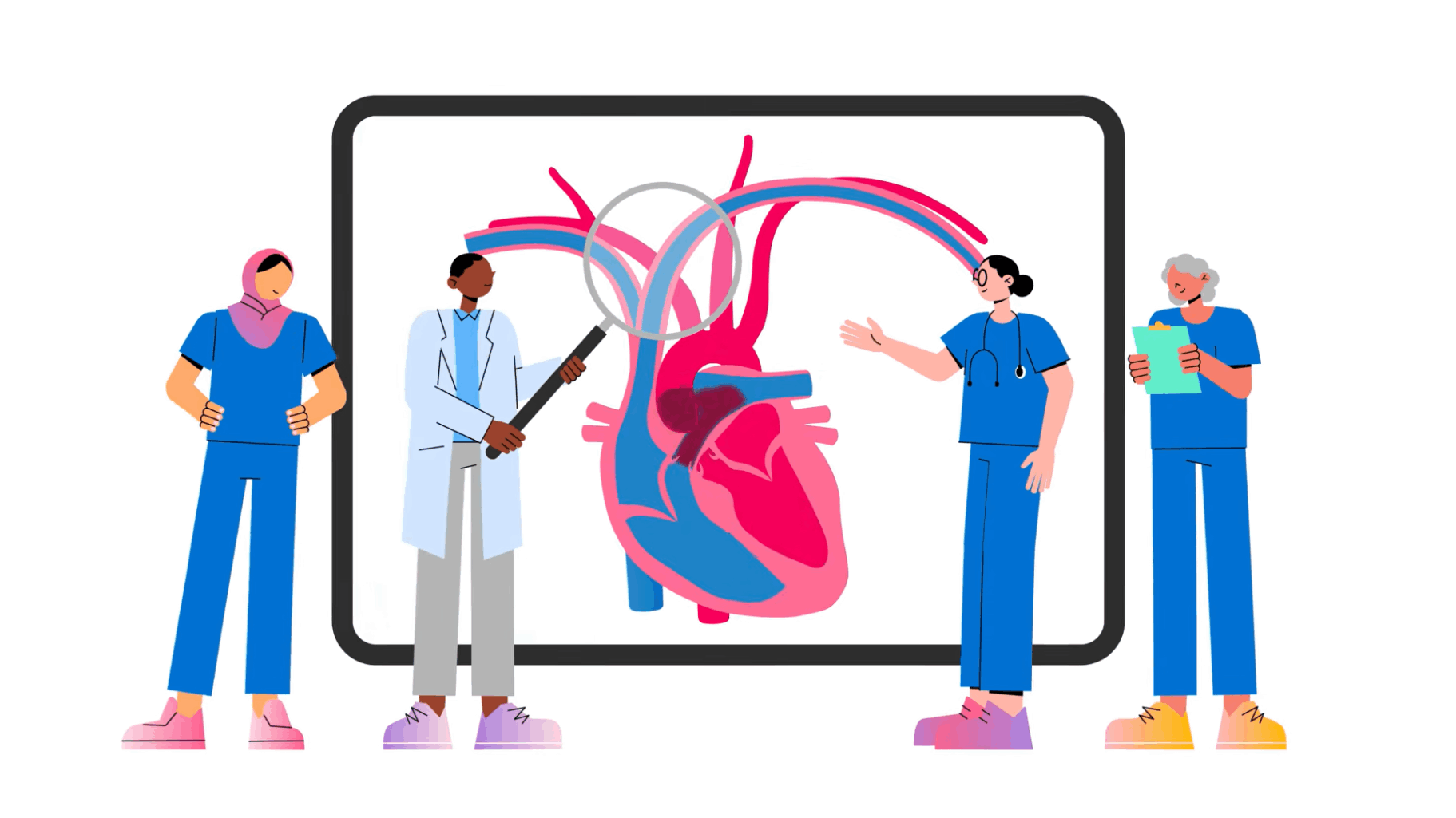 Medical professionals standing around a large screen displaying a diagram of the human heart.