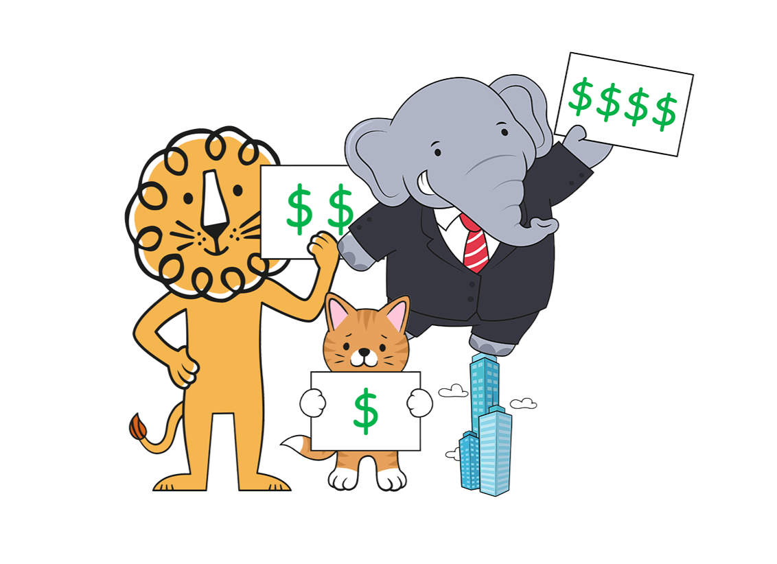 Leon! Animation Studio’s lion, elephant, and cat holding dollar-sign boards above buildings.