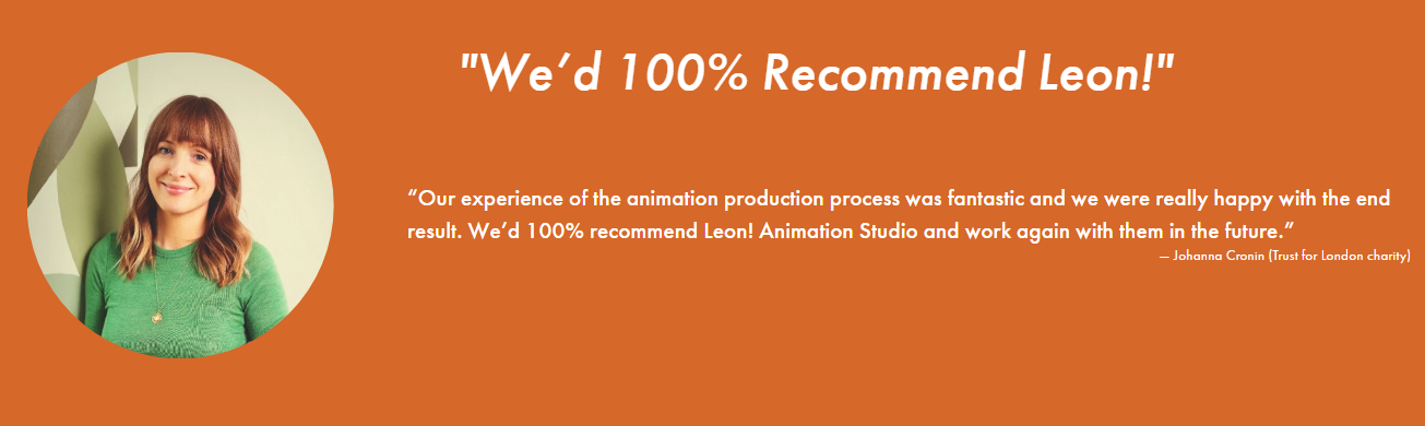 Client testimonial banner featuring a woman’s portrait and text recommending Leon Animation Studio for their work.