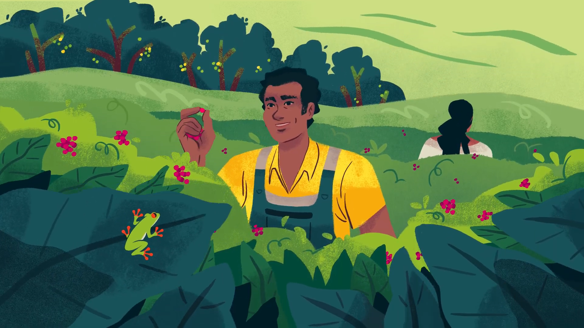 Farmer inspects crops in a lush green field surrounded by plants and wildlife.