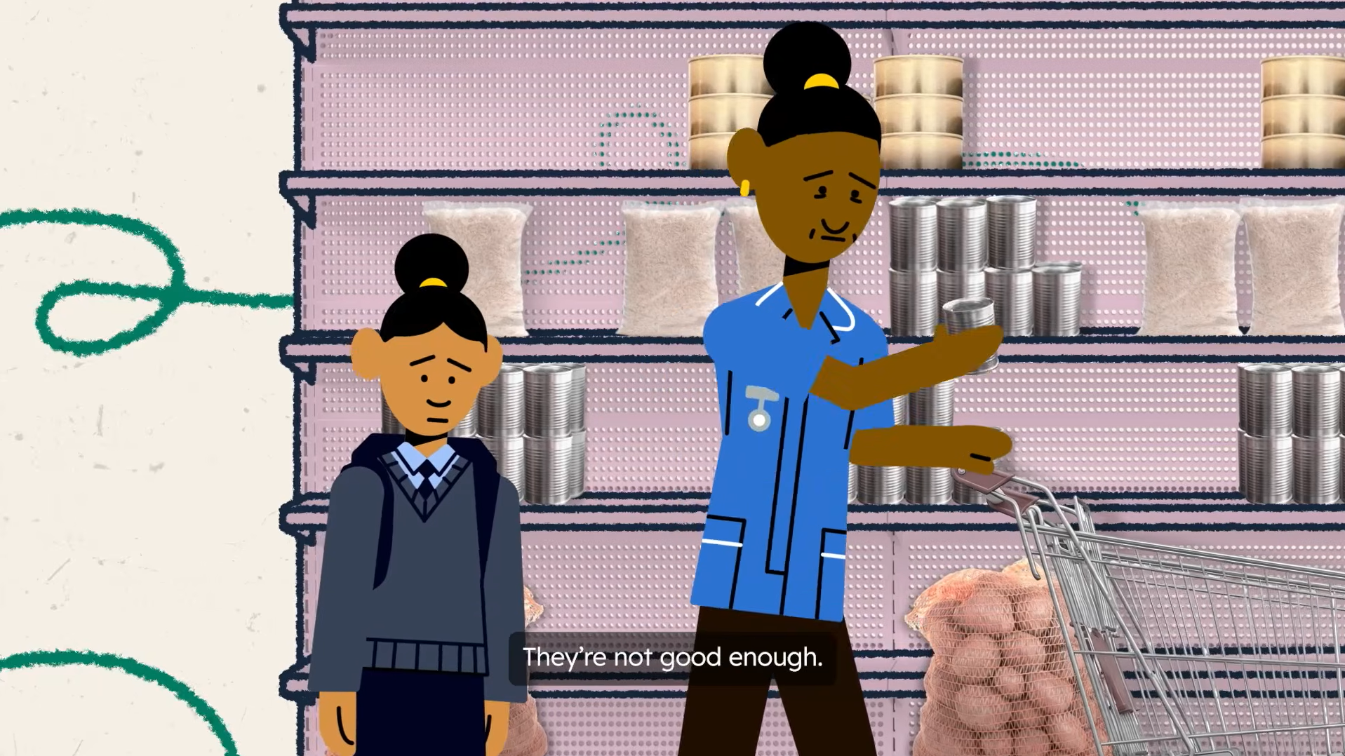 Animated mother and child shopping for canned food in a supermarket with a trolley.