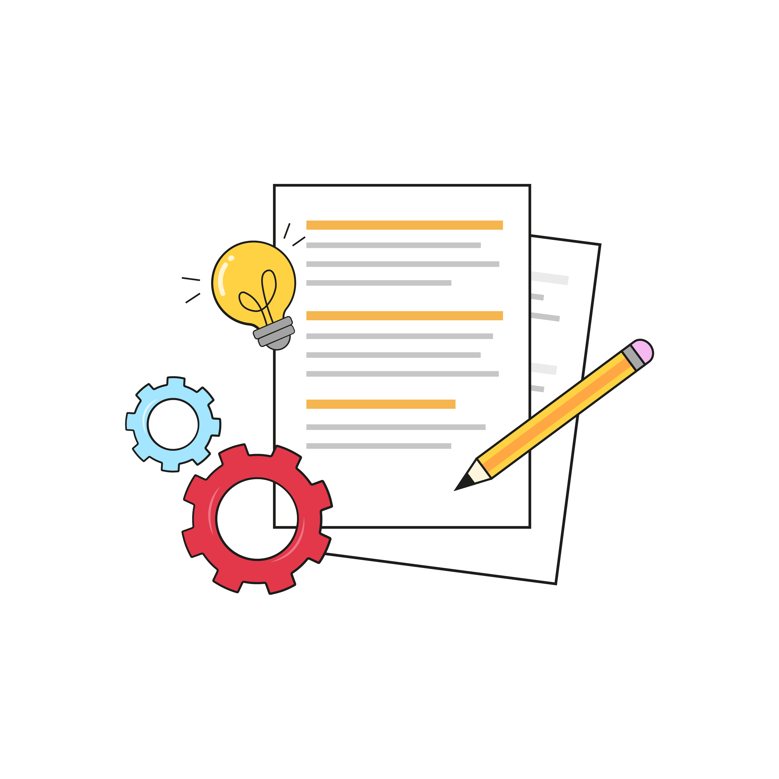 Animation planning documents with a pencil, gears, and a lightbulb representing scriptwriting and production preparation.
