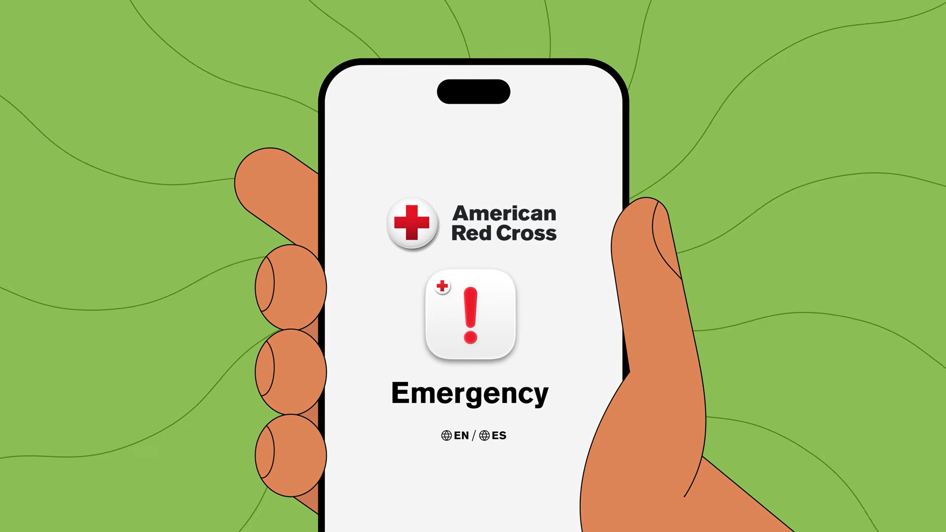 Illustrated hand holding a smartphone displaying the American Red Cross Emergency app.